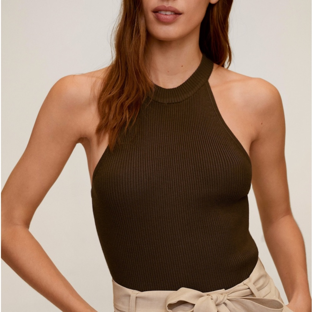 Mango Ribbed Halter Tank Top in Dark Brown/Olive